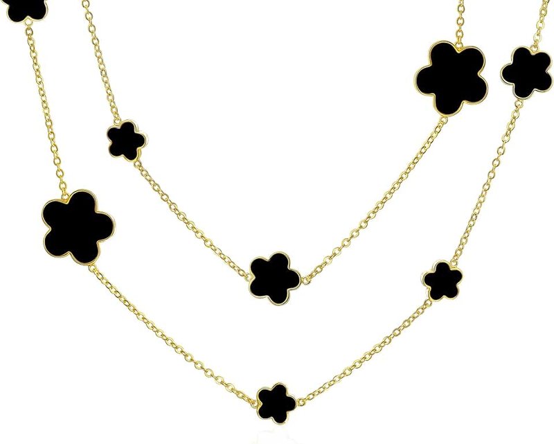 Bling Jewelry Fashion Off White Black Pink Enamel Large & Small Flower Long Silver Tone Gold Plated Station Chain Wrap Layer Clover Necklace For Women 40 Inch