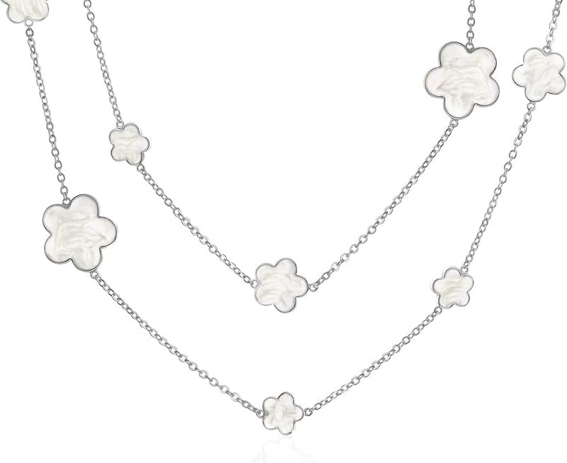 Bling Jewelry Fashion Off White Black Pink Enamel Large & Small Flower Long Silver Tone Gold Plated Station Chain Wrap Layer Clover Necklace For Women 40 Inch