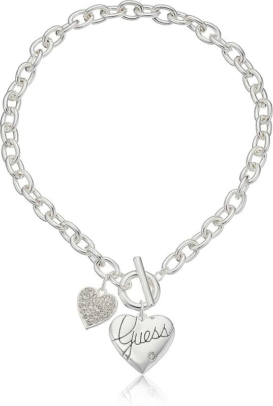 GUESS "Basic Silver Logo Heart and Pave Heart Toggle Pendant Necklace, One Size, Metal