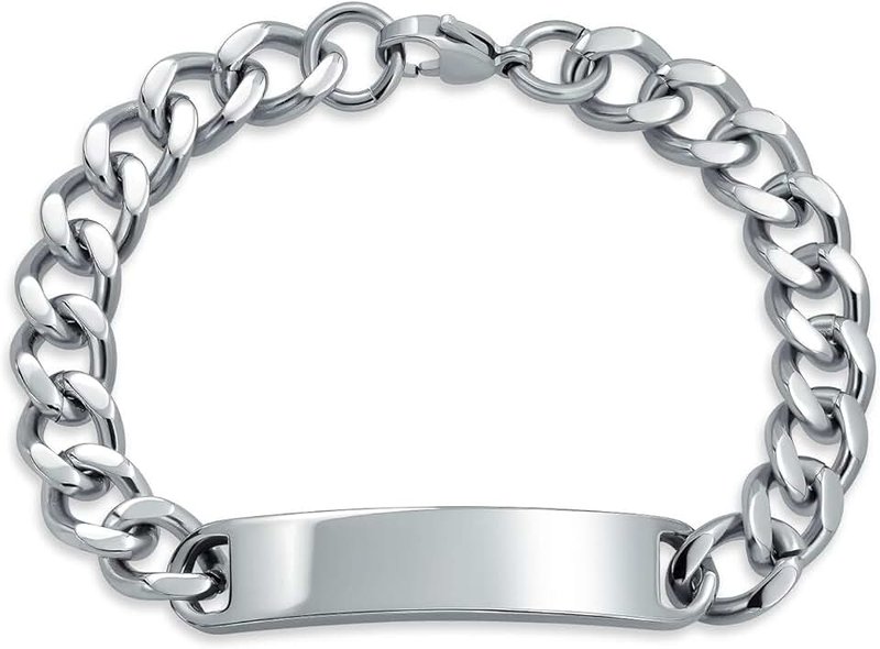 Bling Jewelry Identification Name Plated Curb Cuban Link Chain ID Bracelet For Men Personalized Name Engraved Silver Tone Stainless Steel 8.5 Inch