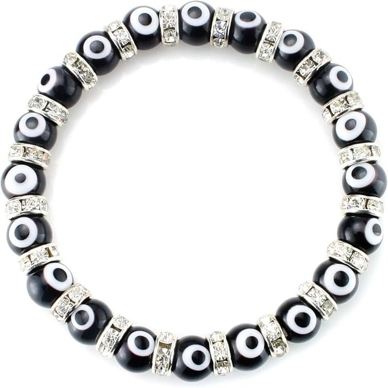 JewelrieShop JewelrieShop Turkish Evil Eye Murano Glass Beads Beaded Bracelet with Rondelle Spacer (8mm Black Eye Beads)