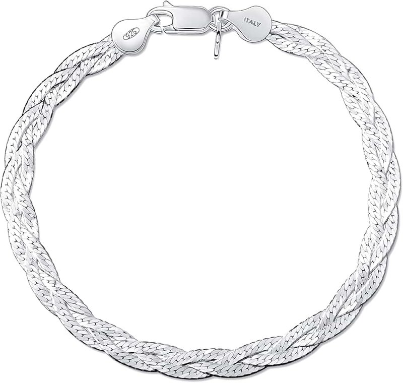Amberta Women's 925 Sterling Silver Braided Herringbone Chain Bracelet (Length 7.5 inch)