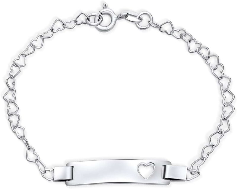 Bling Jewelry Personalized Delicate Petite Name Bar Plated Engrave Heart Thin ID Identification Bracelet For Women Teen .925 Silver Sterling For Small Wrists 6 Inch Customizable