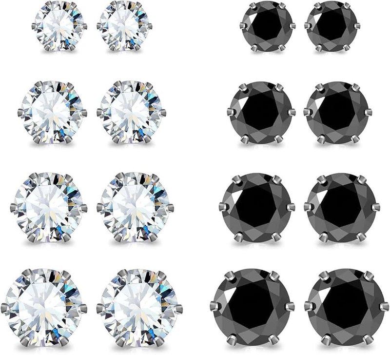 JewelrieShop JewelrieShop Stainless Steel Round Ball Studs Cubic Zirconia Studs Faux Pearl Earrings Set for Women (8 Pairs / 18 pairs)