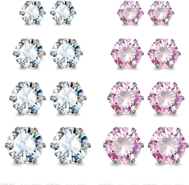 JewelrieShop JewelrieShop Earrings for Women Studs Set Stainless Steel CZ Earing Hypoallergenic Multiple Piercing Ear Stud (8 pairs,4-8mm,White,Pink CZ)