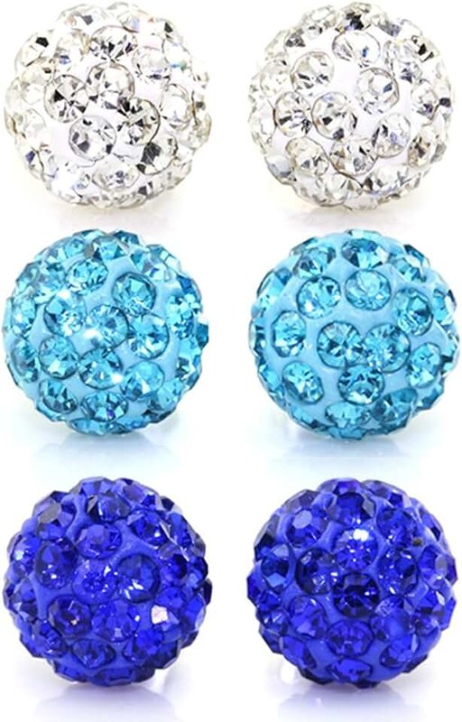 JewelrieShop JewelrieShop Rhinestones Crystal Ball Stud Earrings Set Fireball Disco Ball Pave Bead Earrings Hypoallergenic for Girls Women 8mm x 3 Pairs (White, Aquamarine, Sapphire)