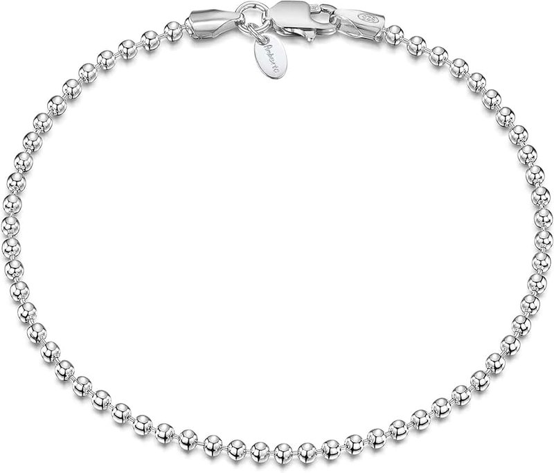 Amberta 925 Sterling Silver 2 mm Ball Bead Chain Bracelet