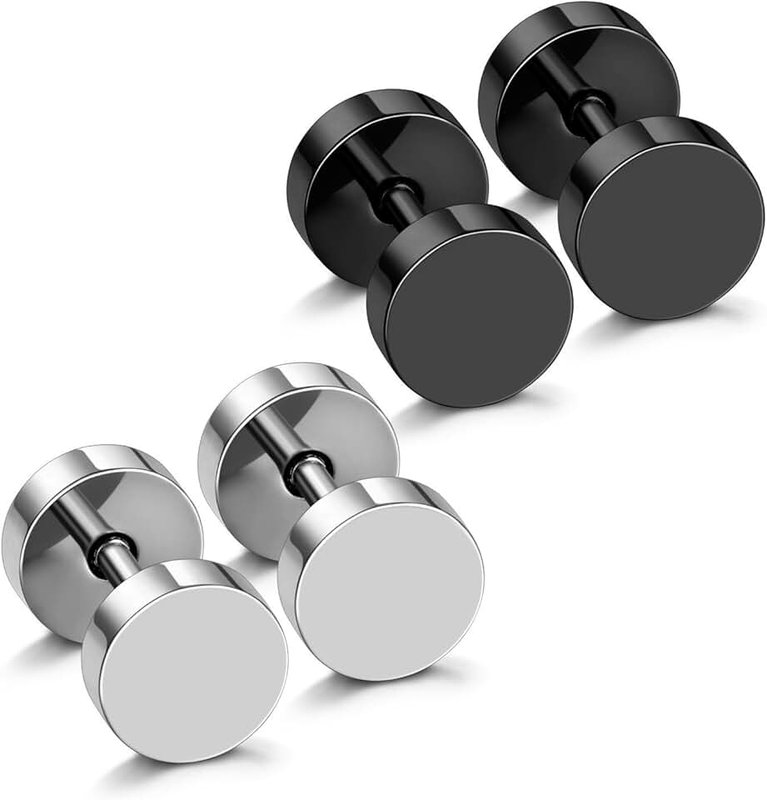 JewelrieShop Black Earrings Men Dot Studs Fake Gauges Plugs Earring Stainless Steel Circle Disc Flat Back Cheater Tunnel Dumbbell Earrings Women (18g,2 Pairs,3mm-14mm,Black and Silver)