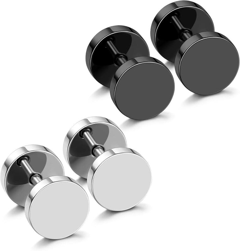 JewelrieShop Black Earrings Men Dot Studs Fake Gauges Plugs Earring Stainless Steel Circle Disc Flat Back Cheater Tunnel Dumbbell Earrings Women (18g,2 Pairs,3mm-14mm,Black and Silver)