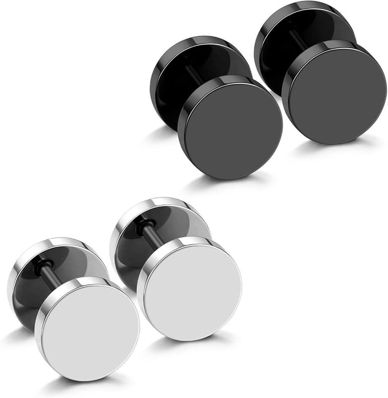 JewelrieShop Black Earrings Men Dot Studs Fake Gauges Plugs Earring Stainless Steel Circle Disc Flat Back Cheater Tunnel Dumbbell Earrings Women (18g,2 Pairs,3mm-14mm,Black and Silver)