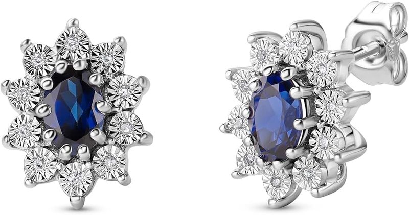 Miore Diamond and blue Sapphire stud earrings cluster setting in 925 Sterling Silver 13 x 10 mm, Sterling Silver, Sapphire
