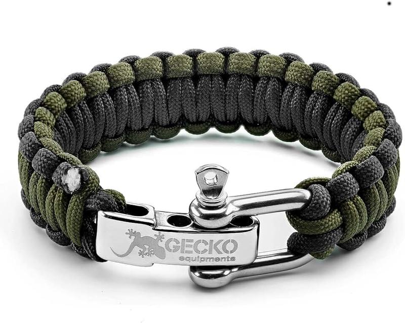 GECKO EQUIPMENT Army Green/Black King Cobra Paracord Survival Bracelet with Adjustable Stainless Steel D Shackle - Suitable for 7"-8" Wrists Guarantee &