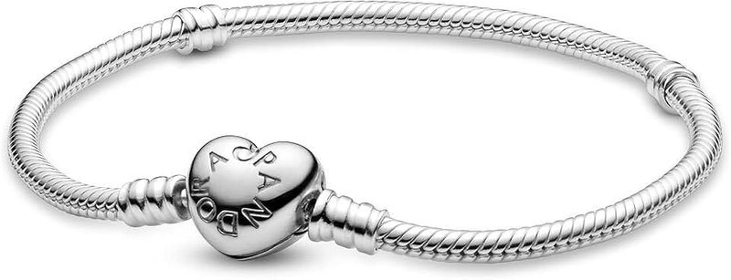 PANDORA Moments Women's Sterling Silver Heart Clasp Snake Chain Bracelet for Charms, Sterling Silver