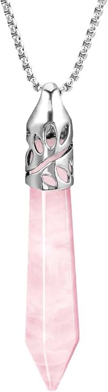 BEADNOVA Gemstone Necklace Hexagonal Pointed Chakra Healing Crystal Quartz Pendant Necklace Stainless Steel Chain 18" Gift Box Packing