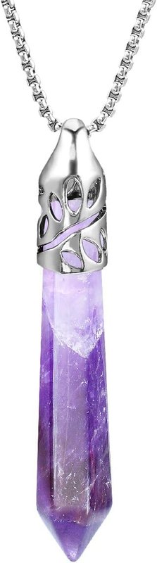 BEADNOVA Gemstone Necklace Hexagonal Pointed Chakra Healing Crystal Quartz Pendant Necklace Stainless Steel Chain 18" Gift Box Packing