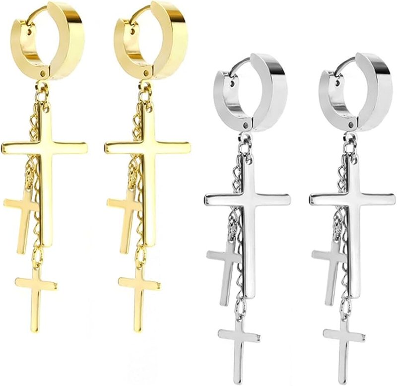 JewelrieShop Cross Tassel Stainless Steel Urban Huggie Hinged Hoop Dangle Earrings