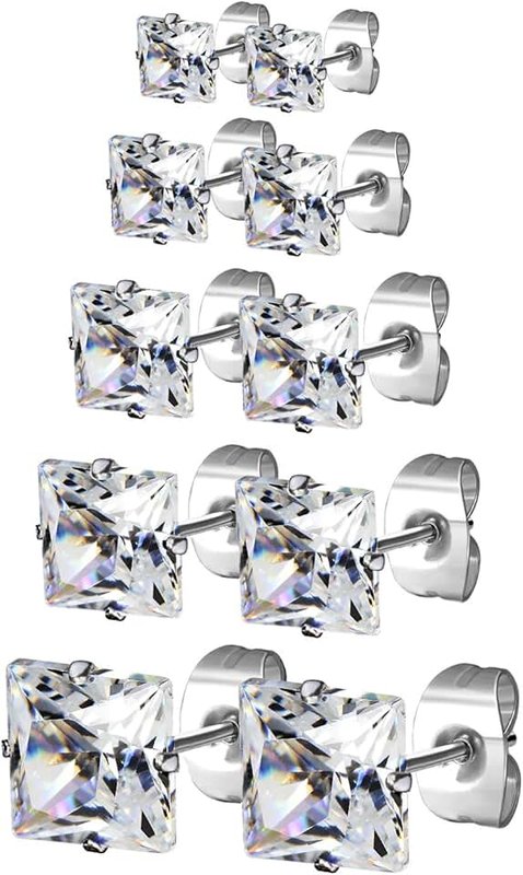 JewelrieShop JewelrieShop Womens Stainless Steel Stud Earrings Set, Hypoallergenic Nickel-free Pierced Cubic Zirconia earrings 5 Pairs 3-7mm