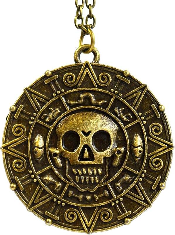 Beaux Bijoux (Bronze) - Pirates of The Caribbean Aztec Coin Medallion Skull Charm Necklace