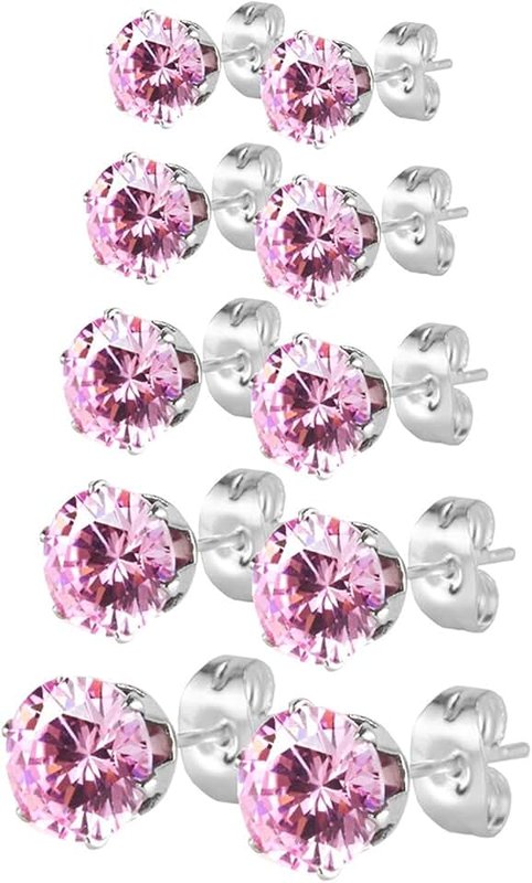JewelrieShop JewelrieShop Earrings for Women Studs Set Stainless Steel CZ Earing Hypoallergenic Multiple Piercing Ear Stud (5 pairs, 3-7mm Pink CZ, Silver Post,4 Prong)