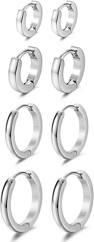 JewelrieShop Men Jewelry Set Huggie Earrings Hinged Hoop Dangle Earrings, Stainless Steel, Hypoallergenic, Urban Hoop Earrings