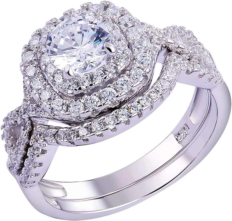 Newshe Jewellery Newshe Wedding Band Engagement Ring Set for Women 925 Sterling Silver 1.8Ct Round White AAAAA Cz Size 4-13