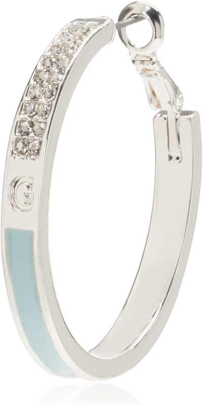 GUESS Silvertone Pave Crystal Glass Stone and Light Blue Hoop Earrings, ONE SIZE, enamel, glass