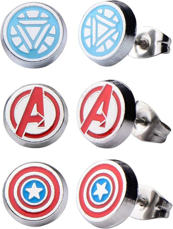 INOX Marvel Officially Licensed Comics Stainless Steel Women's Avenger Logo Pack Round Stud Hypoallergenic Earrings, Unisex, One Size, Enamel