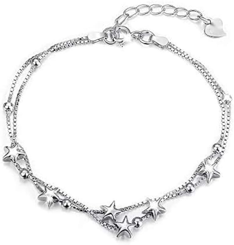 KKPW Sterling Silver Charm Bracelet Adjustable BFF Jewellery Gift for Women Beads and Stars Double Layered Box Chain 8 Inch