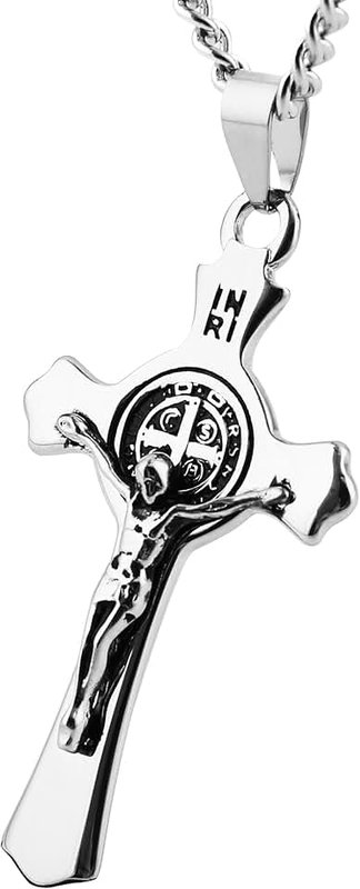HZMAN Stainless Steel Saint Benedict Crucifix Cross Pendant Necklace for Men Women Retro Religious Christian Faith Cross Necklace