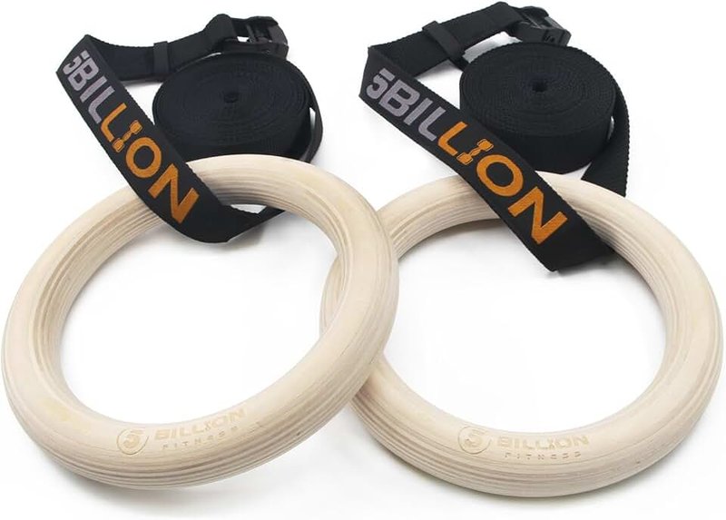 Wooden Gymnastic Rings 1.1inch/1.25 inch,5BILLION Olympic Rings with Adjustable Straps 2x15ft,Wood Gym Rings for Home Gym Full Body Workout,Quick Install Cam Buckle,1500lbs Supported
