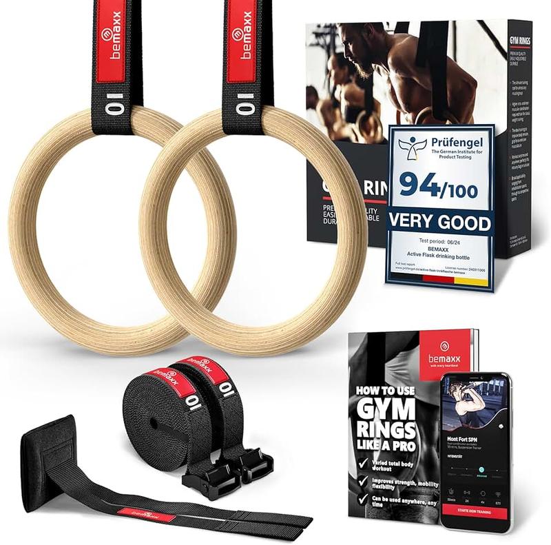 BeMaxx Gymnastic Rings Set Wood + Door Anchor Attachment, Exercise eBook & Safety Straps + Length Markings | Wooden Olympic Gym Gymnastics Athletic Fitness | Home Workout Muscle Training