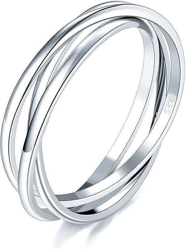 BORUO 925 Sterling Silver Ring, 14K Gold Plated Waterproof Fidget Anxiety Ring, Triple Row Rolling Interlocking Stacking High Polish Band for Women, Men| Each Band Width 1.8mm 3mm Size 4-12
