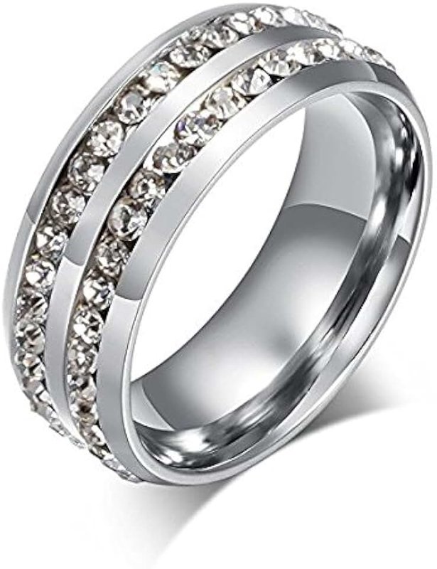 FuZhiBang LEEYA NL10 Mens Womens 8MM Titanium Stainless Steel High Polished 18K Gold Plated Channel Set Cubic Zirconia CZ Promise Engagement Band Unisex Gold Wedding Ring Comfort Fit, Size 6-13 (7, Silver)