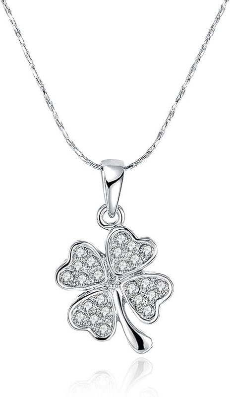 NABTYJC NA BEAUTY White Gold Four-Leaf Clover with Diamond Paved Pendant Necklace Snake Chain