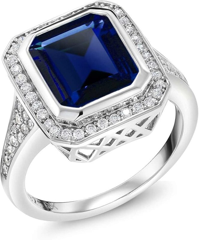 Gem Stone King 925 Sterling Silver Simulated Sapphire Women's Ring (5.00 Cttw, Emerald Cut 11X9MM, Available 5,6,7,8,9)