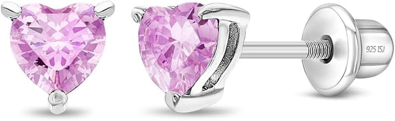 In Season Jewelry 925 Sterling Silver Girls CZ Heart Hypoallergenic Safety Screw Back Earrings - Adorable 5mm Heart Earrings for Young Girls - Great Jewelry for Everyday Wear for Toddlers to Teens