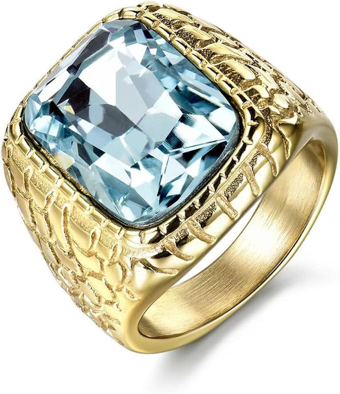 MASOP Engraved Stainless Steel Mens Ring Blue Synthetic Aquamarine Cubic Zirconia Gold Color Luxury