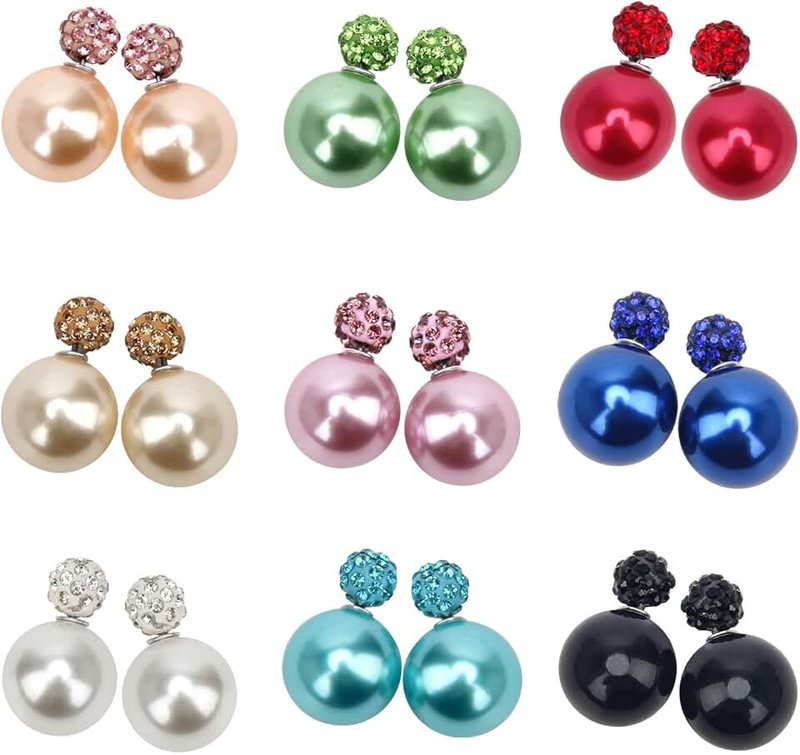 AHIER Adecco LLC 9 Pairs Bling Rhinestone Polymer Clay Studs Pearl Button Earrings, Double Ball Earring, Jewellery Piercing Ear Ring