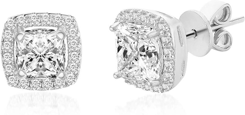 LESA MICHELE Sterling Silver 2 Cttw Cubic Zirconia Cushion Shaped Halo Stud Earrings for Women (Color Options)