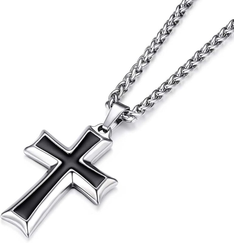 HZMAN Mens Stainless Steel Cross Pendant Necklace Flower Basket Chain