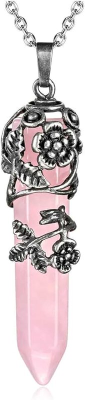 Top Plaza Antique Silver Flower Wrapped Natural Rose Quartz Healing Crystal Necklace