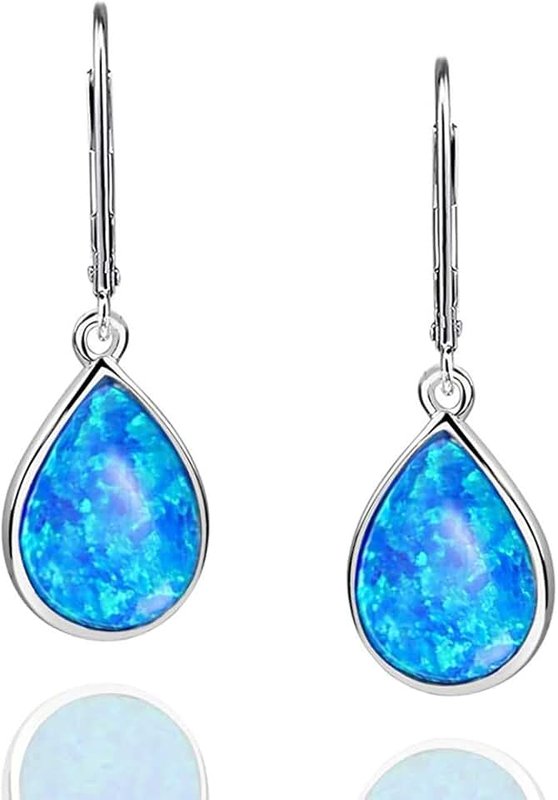 Gemschest 925 Sterling Silver Opal Dangle Earrings for Women - Leverback Teardrop Created Drop Earrings - October Birthstone Jewelry - Christmas Birthday Gifts for Wife