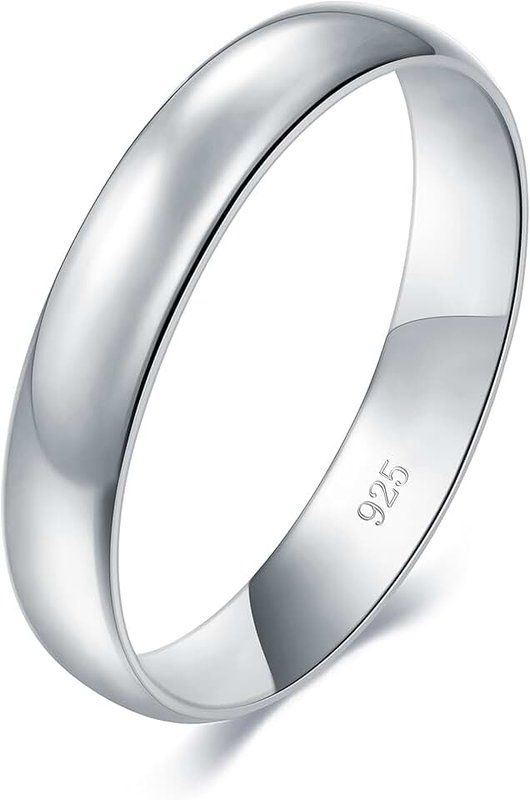 BORUO 925 Sterling Silver Ring High Polish Plain Dome Tarnish Resistant Comfort Fit Wedding Band 4mm Ring