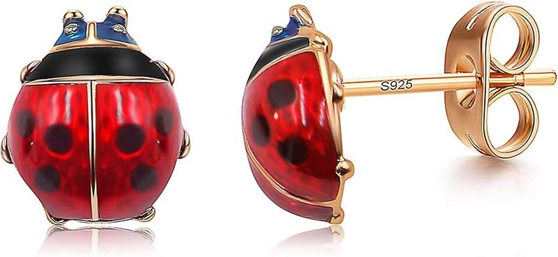 Gift for Girls Rose Gold Plated Red Ladybug Black Spots Animal Stud Earrings Fashion Jewelry for Girls