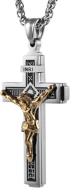 HZMAN Stainless Steel Cross Necklace for Men Women Religious Catholic Jesus Christ on INRI Crucifix Pendant 22+2 Chain