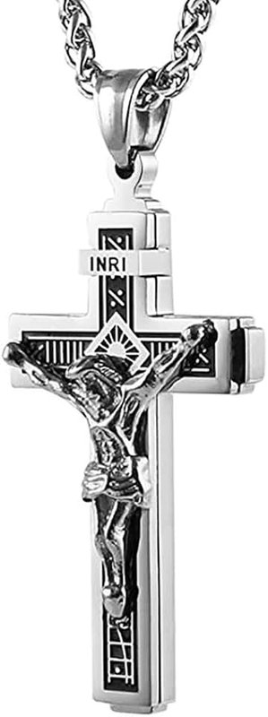 HZMAN Stainless Steel Cross Necklace for Men Women Religious Catholic Jesus Christ on INRI Crucifix Pendant 22+2 Chain