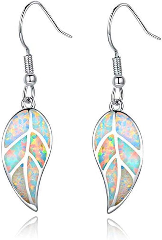 CiNily 18K White Gold Plated Leaf Opal Dangle Drop Earrings for Women Teen Girls Hypoallergenic Opal Jewelry Gift