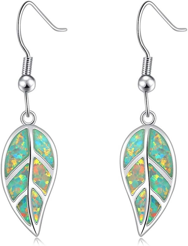 CiNily 18K White Gold Plated Leaf Opal Dangle Drop Earrings for Women Teen Girls Hypoallergenic Opal Jewelry Gift