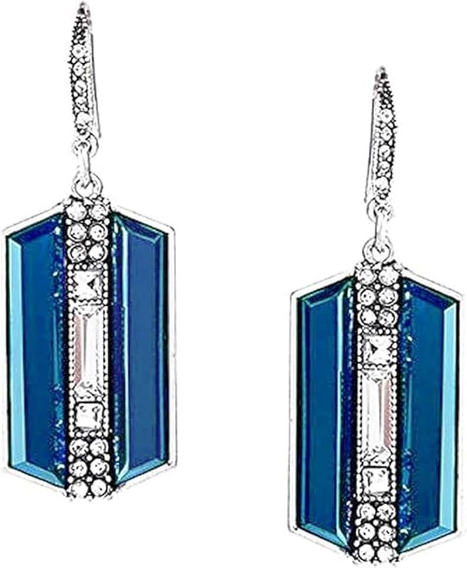 Secret for Longevity Silver Tone Art Deco Antique Vintage Style Blue Sapphire Rhinestone Geometric Dangle Earrings