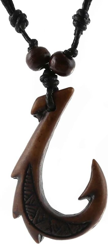 HZMAN Hawaiian Fish Hook Pendant Hemp Cord Chain - Maori Tribal Necklace